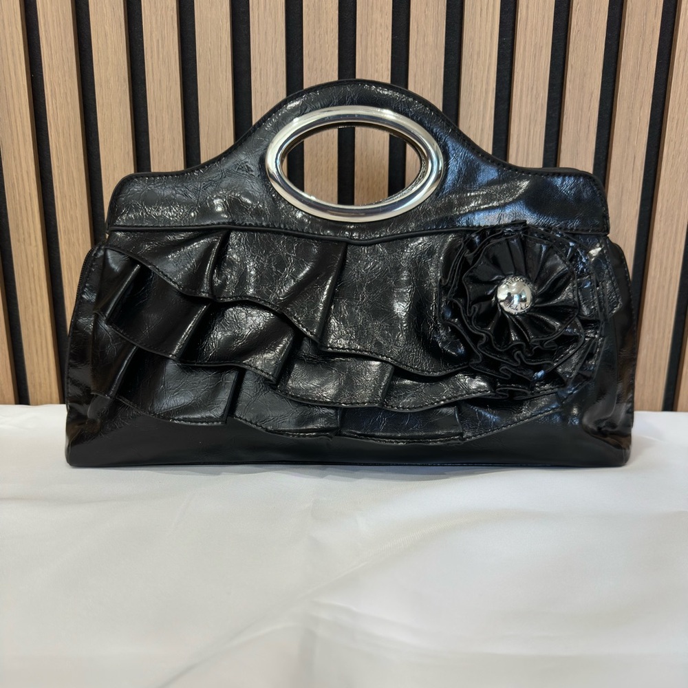 Nicole Black Ruffle Clutch Handbag with Floral Accent